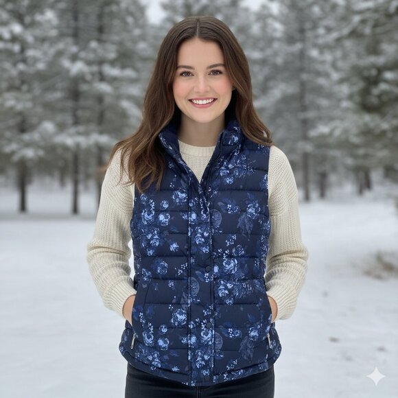 GAP Jackets & Blazers - Gap Blue Floral Women's Small Quilted Puffer Full Zip Snap Overlay Chic Vest EUC